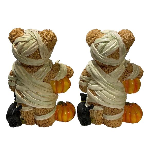 Pair of Mummy Bears with Jack-o-Lanterns & Black Cat, 5x3.5" - Like New - Picture 2 of 2